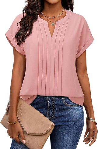 Gaharu Women's Summer Pleated Work Top Short Sleeve Business Casual Blouse Basic Dressy Shirt in Kuwait