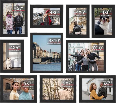 TWING 4 Pack 8x10 Picture Frame with 2 Mat, Black Picture Frames Display Pictures 5x7 with Single-Hole Mat, 4x6 with Double-Hole Mat or 8x10 without Mat, Wall Hanging or Tabletop Photo Frame in Kuwait