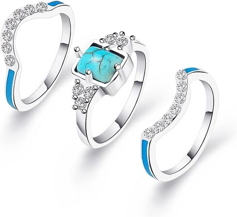 3 PCS Ring Set Natural Turquoise Diamond Rings Western Jewelry Turquoise Silver Color Rings for Women Bohemian Joint Knuckle Rings Finger Ring Turquoise Jewelry Sparkling Natural Gemstone in Kuwait