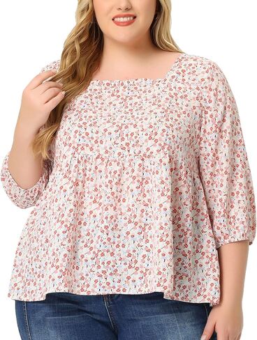 Agnes Orinda Plus Size Dressy Blouses for Women 3/4 Sleeve Floral Peplum Babydoll Tops in Kuwait