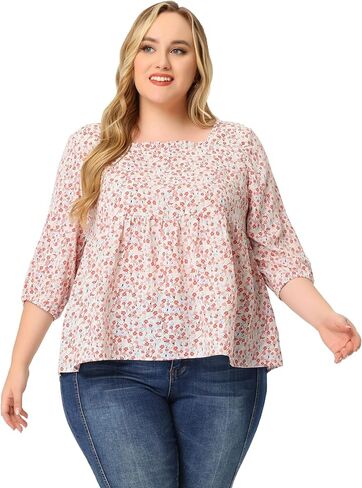 Agnes Orinda Plus Size Dressy Blouses for Women 3/4 Sleeve Floral Peplum Babydoll Tops in Kuwait