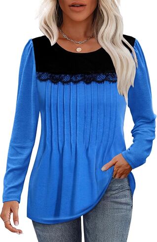 Tanou Women's 2024 Fall Long Sleeve Tunic Blouses Crew Neck Color Block Lace Tops Loose Fit Dressy Casual Pleated Shirts in Saudi Arabia