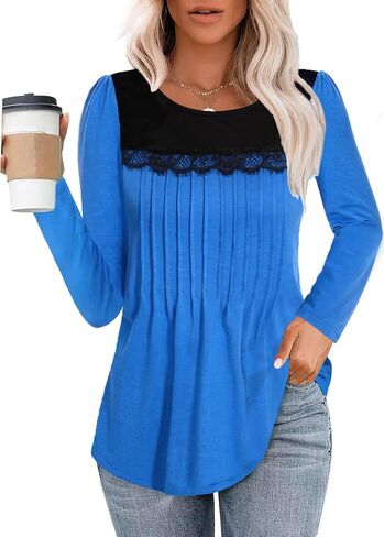 Tanou Women's 2024 Fall Long Sleeve Tunic Blouses Crew Neck Color Block Lace Tops Loose Fit Dressy Casual Pleated Shirts in Saudi Arabia