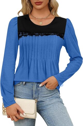Tanou Women's 2024 Fall Long Sleeve Tunic Blouses Crew Neck Color Block Lace Tops Loose Fit Dressy Casual Pleated Shirts in Saudi Arabia