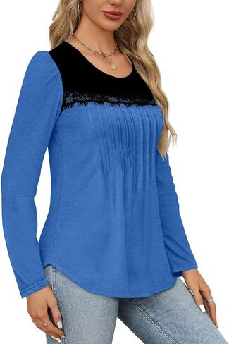 Tanou Women's 2024 Fall Long Sleeve Tunic Blouses Crew Neck Color Block Lace Tops Loose Fit Dressy Casual Pleated Shirts in Saudi Arabia