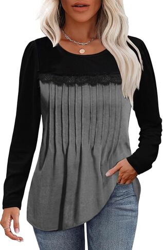 Tanou Women's 2024 Fall Long Sleeve Tunic Blouses Crew Neck Color Block Lace Tops Loose Fit Dressy Casual Pleated Shirts in Saudi Arabia