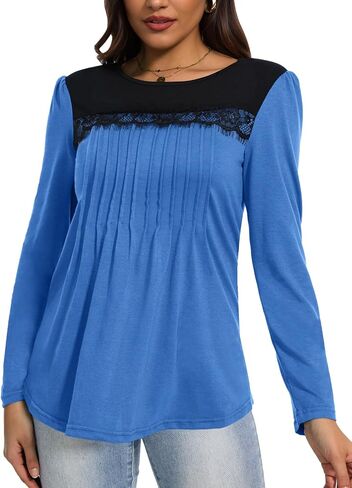 Tanou Women's 2024 Fall Long Sleeve Tunic Blouses Crew Neck Color Block Lace Tops Loose Fit Dressy Casual Pleated Shirts in Saudi Arabia
