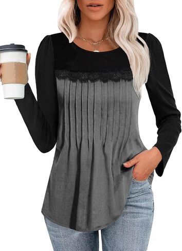 Tanou Women's 2024 Fall Long Sleeve Tunic Blouses Crew Neck Color Block Lace Tops Loose Fit Dressy Casual Pleated Shirts in Saudi Arabia