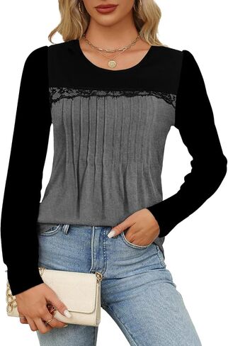 Tanou Women's 2024 Fall Long Sleeve Tunic Blouses Crew Neck Color Block Lace Tops Loose Fit Dressy Casual Pleated Shirts in Saudi Arabia