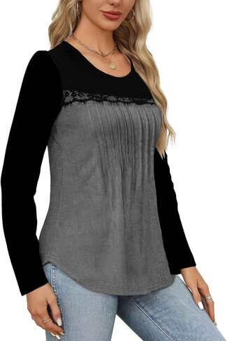 Tanou Women's 2024 Fall Long Sleeve Tunic Blouses Crew Neck Color Block Lace Tops Loose Fit Dressy Casual Pleated Shirts in Saudi Arabia