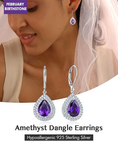 DAYBYDAY Birthstone Dangle Earrings for Women, Hypoallergenic 925 Sterling Silver Created Gemstone CZ Pear Shaped Leverback Drop Earrings, Large Crystal Teardrop Dangling Earrings Wedding Jewelry in Kuwait