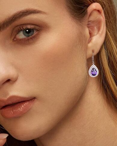 DAYBYDAY Birthstone Dangle Earrings for Women, Hypoallergenic 925 Sterling Silver Created Gemstone CZ Pear Shaped Leverback Drop Earrings, Large Crystal Teardrop Dangling Earrings Wedding Jewelry in Kuwait