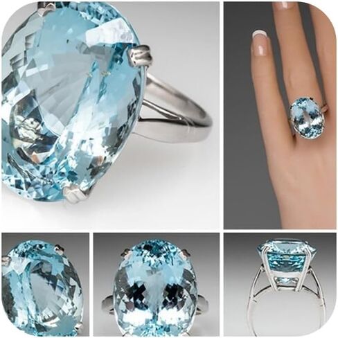 Vintage Fashion Women 925 Silver Large Oval Cut Aquamarine Gemstone Ring Engagement Wedding Jewelry Goose Egg Diamond Sea Blue Topaz Ring Size 5-11 in Saudi Arabia
