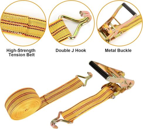 DAJAVE 4 Pack Ratchet Straps Heavy Duty, 2 Inch 20Ft Tie Down Straps with Double J Hook, 4400 LBS Cargo Ratchet Straps for Moving and Securing Cargo Lawn Equipment and Motorcycles (Yellow) in Kuwait