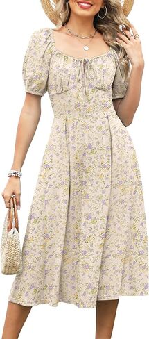 Caracilia Women Boho Floral Midi Dress Puff Sleeve Square Neck Tie Front Smocked Flowy Casual Summer Beach Wedding Dresses in Kuwait