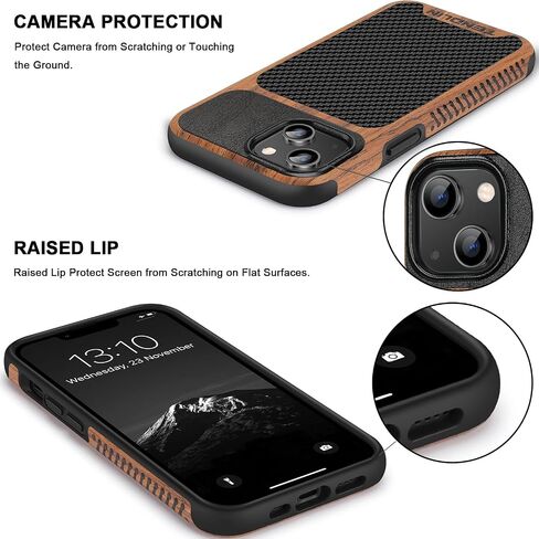 TENDLIN Magnetic Case Compatible with iPhone 14 Case Wood Grain with Carbon Fiber Texture Design Leather Hybrid Slim Case (Compatible with MagSafe) Black in Saudi Arabia