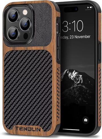 TENDLIN Magnetic Case Compatible with iPhone 14 Case Wood Grain with Carbon Fiber Texture Design Leather Hybrid Slim Case (Compatible with MagSafe) Black in Saudi Arabia
