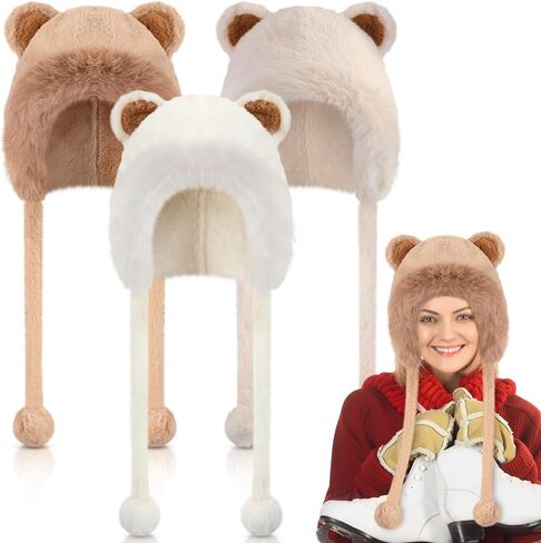 3 حزمة النساء الشتاء قبعة القبعات الشتاء بوم بوم قبعات صغيرة فو الفراء الكروشيه رقيق متماسكة قبعة الدب آذان الصوف اصطف رقيق التزلج الثلوج قبعة in Kuwait