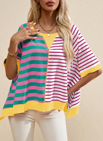 Acelitt Womens Casual Summer Short Sleeve Crewneck Color Block Sweatshirts T-Shirts Tops, S-XXL in Saudi Arabia