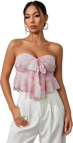 OYOANGLE Women's Floral Print Tie Front Ruffle Trim Strapless Tube Tops Asymmetrical Hem Crop Top in Saudi Arabia