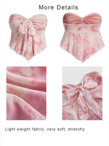OYOANGLE Women's Floral Print Tie Front Ruffle Trim Strapless Tube Tops Asymmetrical Hem Crop Top in Saudi Arabia