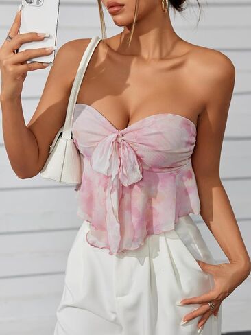 OYOANGLE Women's Floral Print Tie Front Ruffle Trim Strapless Tube Tops Asymmetrical Hem Crop Top in Saudi Arabia