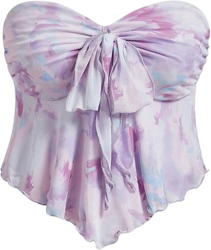 OYOANGLE Women's Floral Print Tie Front Ruffle Trim Strapless Tube Tops Asymmetrical Hem Crop Top in Saudi Arabia
