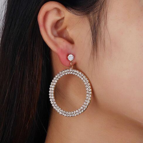 Fashion Crystal Hoop Dangle Earrings Fashion Bridal Rhinestone Hoop Drop Earrings Lightweight Large Circle Earrings Gold Sparkly Prom Earrings Jewelry for Women and Girls(Gold) in Saudi Arabia