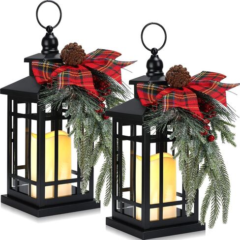 Tuanse 2 Pcs Christmas Decorative Lanterns Red Metal Hanging Candle Lantern Vintage Flameless Decorative Lanterns with LED Lights for Indoor Outdoor Home Table Porch in Kuwait