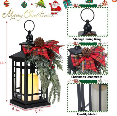 Tuanse 2 Pcs Christmas Decorative Lanterns Red Metal Hanging Candle Lantern Vintage Flameless Decorative Lanterns with LED Lights for Indoor Outdoor Home Table Porch in Kuwait
