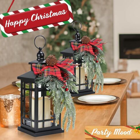 Tuanse 2 Pcs Christmas Decorative Lanterns Red Metal Hanging Candle Lantern Vintage Flameless Decorative Lanterns with LED Lights for Indoor Outdoor Home Table Porch in Kuwait