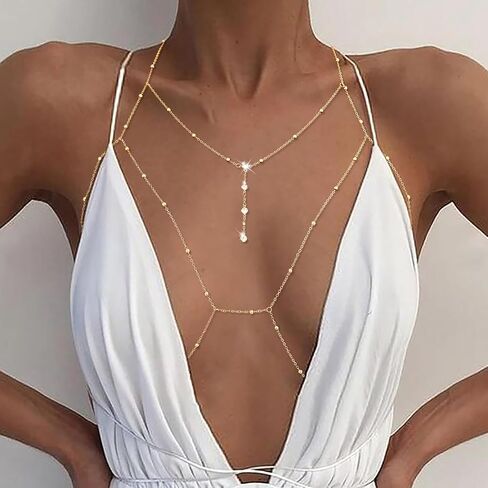 Tgirls Beads Body Chain Sexy Body Jewelry for Women Crystal Body Chains Layered Bra Bikini Body Waist Chain in Kuwait