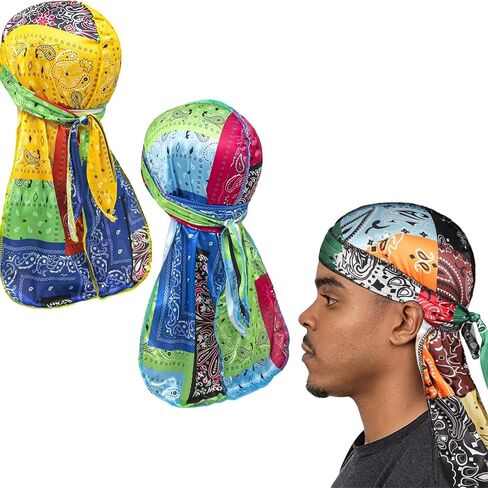Assorted Paisley Silk Durag with Long Tail and Wide Straps for 360 Waves Men's Women's Bandana Doo rag Cap Headwraps in Kuwait