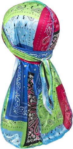 Assorted Paisley Silk Durag with Long Tail and Wide Straps for 360 Waves Men's Women's Bandana Doo rag Cap Headwraps in Kuwait