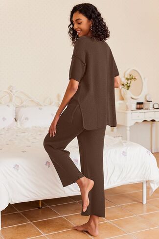 Ekouaer Women's 2 Piece Sweater Sets Knit Pullover Tops and Wide Leg Pants Loose Tracksuit Lounge Set Outfits Rosy, L in Saudi Arabia