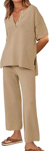 Ekouaer Women's 2 Piece Sweater Sets Knit Pullover Tops and Wide Leg Pants Loose Tracksuit Lounge Set Outfits Rosy, L in Saudi Arabia