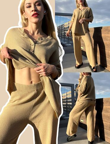 Ekouaer Women's 2 Piece Sweater Sets Knit Pullover Tops and Wide Leg Pants Loose Tracksuit Lounge Set Outfits Rosy, L in Saudi Arabia