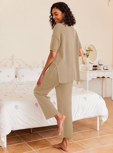 Ekouaer Women's 2 Piece Sweater Sets Knit Pullover Tops and Wide Leg Pants Loose Tracksuit Lounge Set Outfits Rosy, L in Saudi Arabia