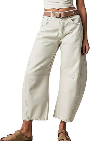 HOTIAN Women's Baggy Wide Leg Jeans Barrel Horseshoe Boyfriend Cropped Raw Hem Denim Pants Trendy Vintage Jeans Gray, X-Large in Saudi Arabia