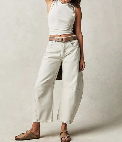 HOTIAN Women's Baggy Wide Leg Jeans Barrel Horseshoe Boyfriend Cropped Raw Hem Denim Pants Trendy Vintage Jeans Gray, X-Large in Saudi Arabia