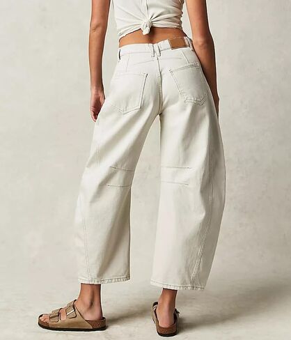 HOTIAN Women's Baggy Wide Leg Jeans Barrel Horseshoe Boyfriend Cropped Raw Hem Denim Pants Trendy Vintage Jeans Gray, X-Large in Saudi Arabia