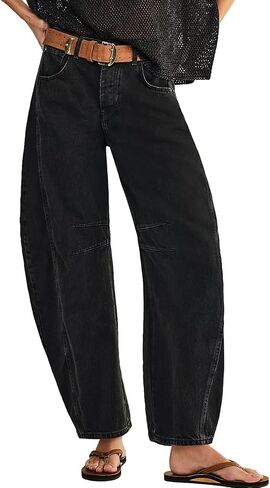 HOTIAN Women's Baggy Wide Leg Jeans Barrel Horseshoe Boyfriend Cropped Raw Hem Denim Pants Trendy Vintage Jeans Gray, X-Large in Saudi Arabia