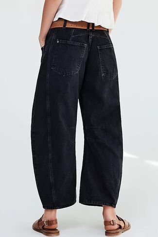 HOTIAN Women's Baggy Wide Leg Jeans Barrel Horseshoe Boyfriend Cropped Raw Hem Denim Pants Trendy Vintage Jeans Gray, X-Large in Saudi Arabia