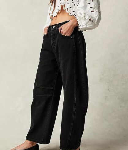 HOTIAN Women's Baggy Wide Leg Jeans Barrel Horseshoe Boyfriend Cropped Raw Hem Denim Pants Trendy Vintage Jeans Gray, X-Large in Saudi Arabia