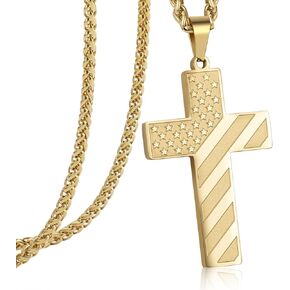 DuoDiner 24 Inch Cross Necklace for Men Boys Kids Bible Verse American Flag Pendant Baptism Religious First Communion Jewelry,Mens Valentines Day Gifts for Him Boyfriend Husband