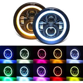 7 inch LED Headlights RGB Halo DRL Angel Eyes with Amber Turn Signal Light 7'' DRL Bluetooth Control Built In Canbus for 1997-2017 Jeep Wrangler JK LJ TJ Sahara Sport Rubicon Hummer H1 H2, 2pc Pack