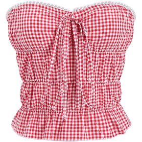 WDIRARA Women's Gingham Bandeau Tube Top Plaid Strapless Ruffle Hem Y2k Crop Tops