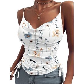 Floerns Women's Floral Print Draped Camisole Top Drawstring Ruched Beach Cami Top