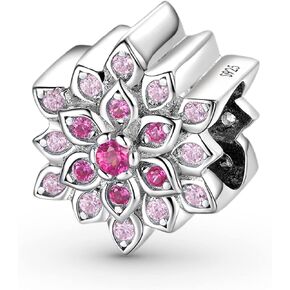 GNOCE Flower Charms S925 Sterling Silver Bead Inlaid with Gemstones Jewelry Gift For Women Wife Fit Bracelets/Necklace (Red Lotus Flower)
