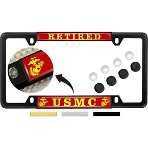[Officially Licensed US Marine Corps Product] - USMC Retired - Domed Custom-Made Personalized Narrow (Thin) Top 4 Hole Metal Car License Plate Frame with Free caps - Black Frame (Qty: 1)